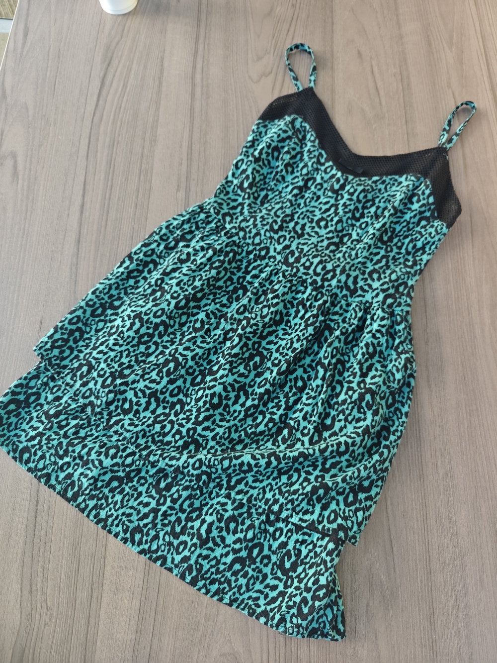 BeBop Teal Leopard Print Chemise with Black Mesh Trim
